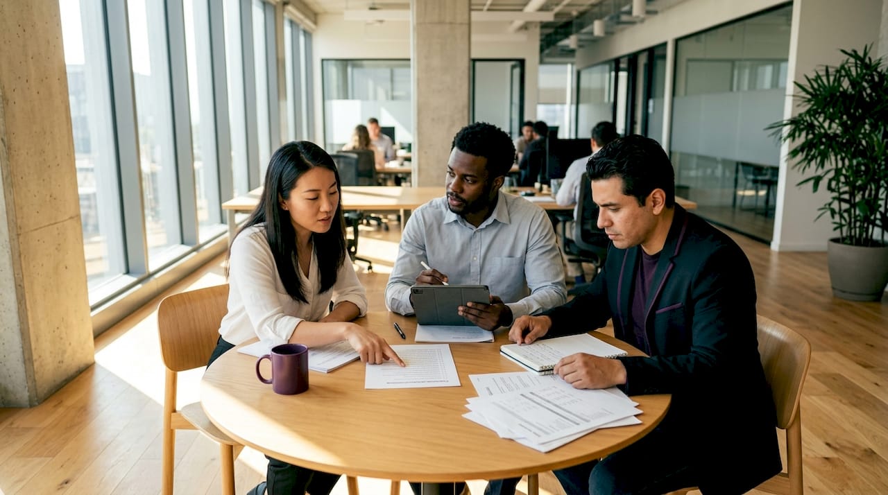 Hands reviewing GSA eligibility documents collaboratively