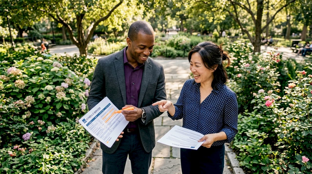 Two professionals discussing pricing strategies at table