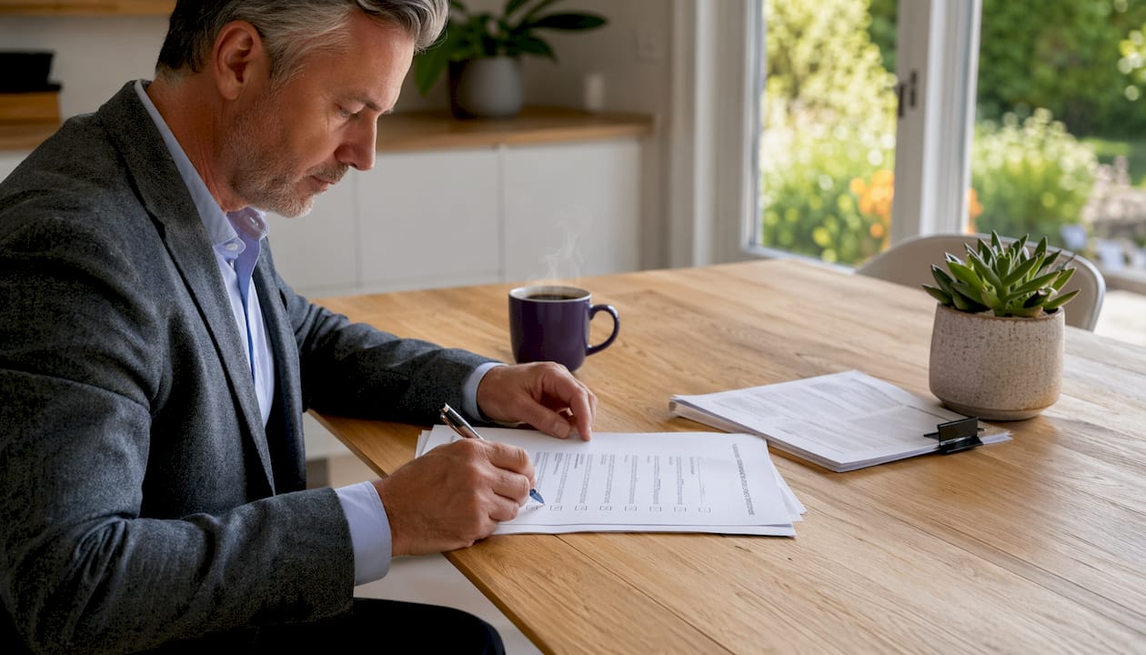 Close-up hands reviewing contract checklist in office