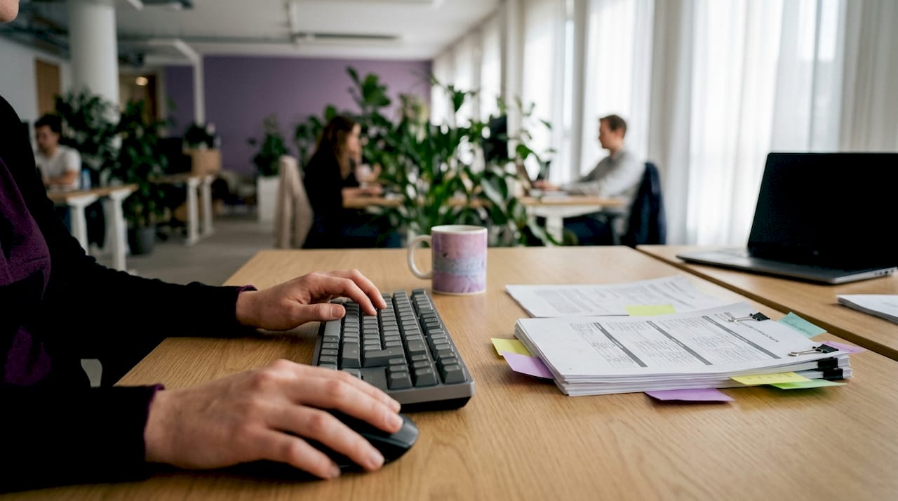 Hands typing contract data on keyboard