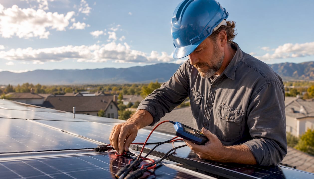 Technician inspecting solar panel wiring on rooftop