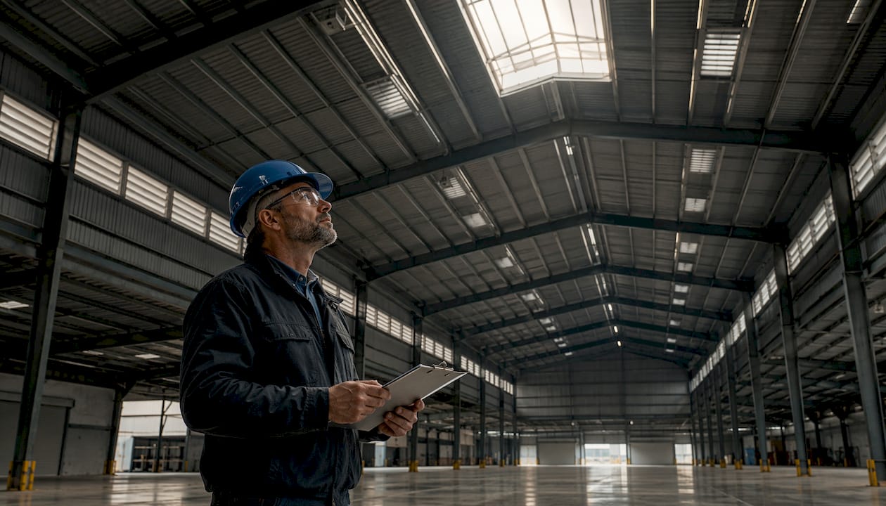 Engineer inspecting ventilation system in metal building