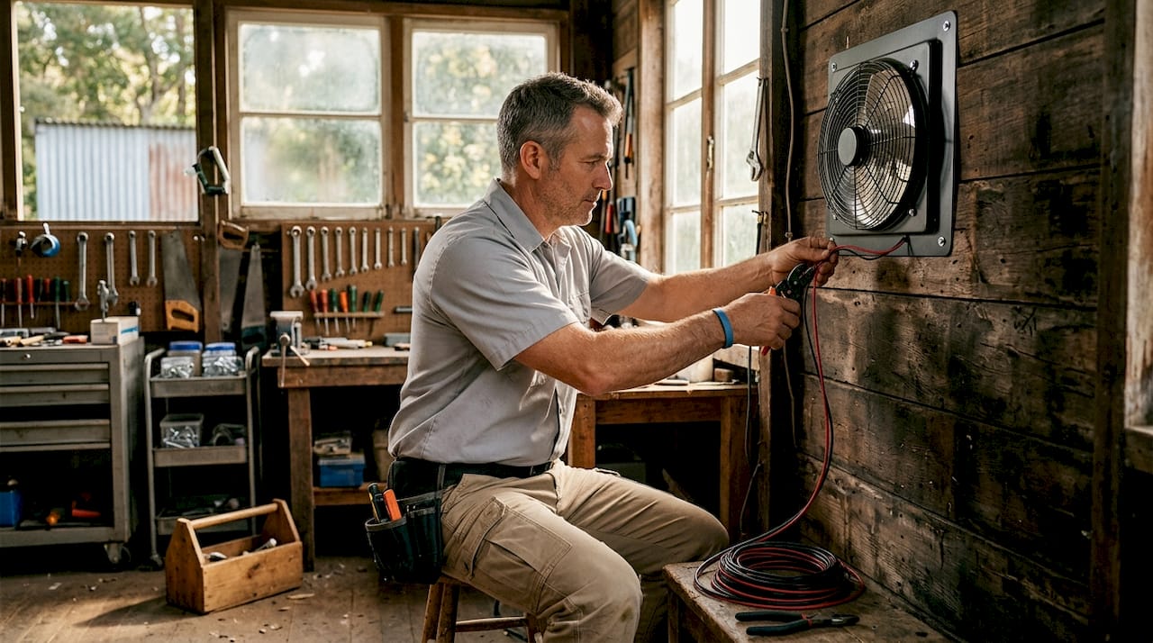 Technician installing solar-powered ventilation fan in barn