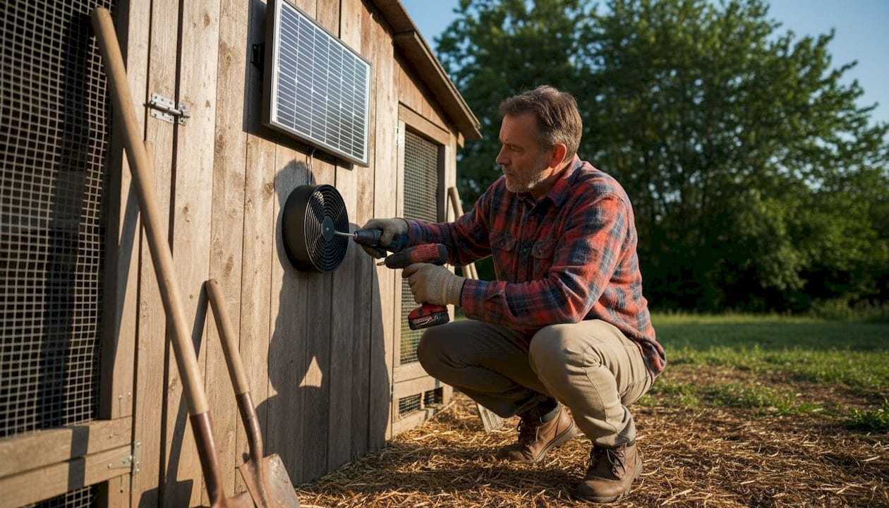 Man installing solar fan on chicken coop