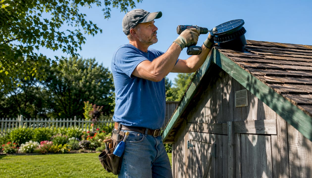 Man installing solar fan on garden shed roof