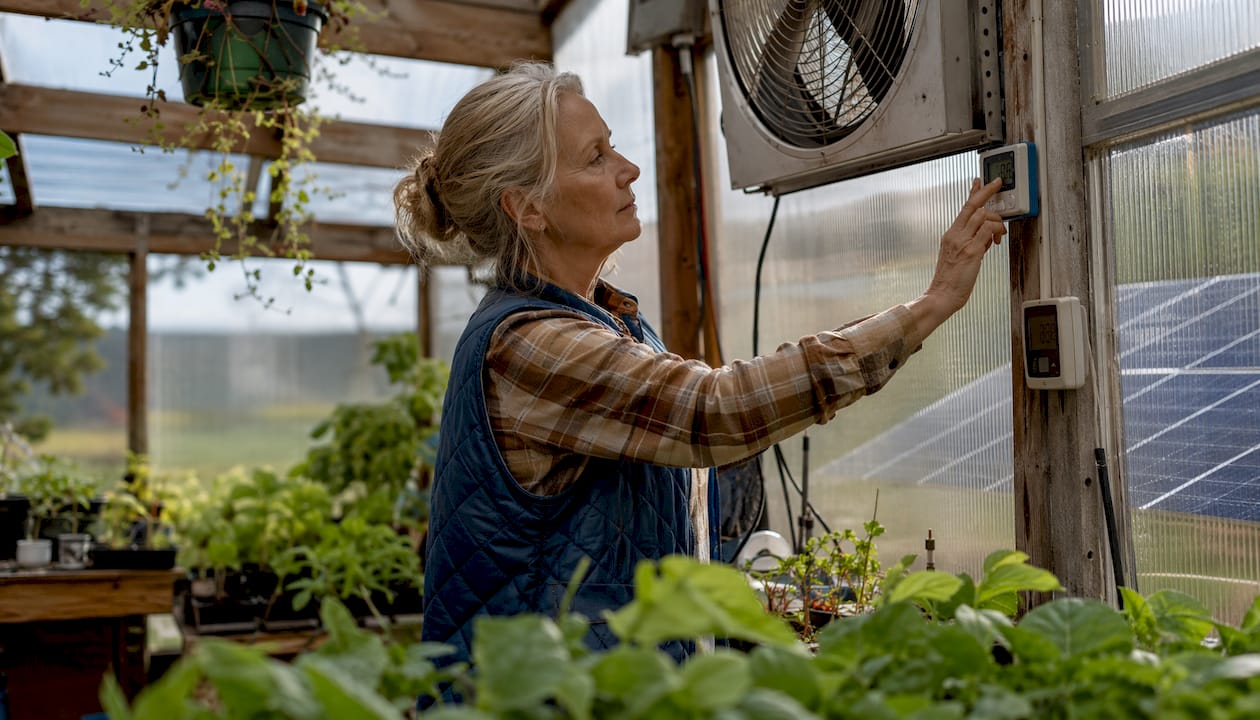 Greenhouse operator adjusting thermostat inside off-grid greenhouse