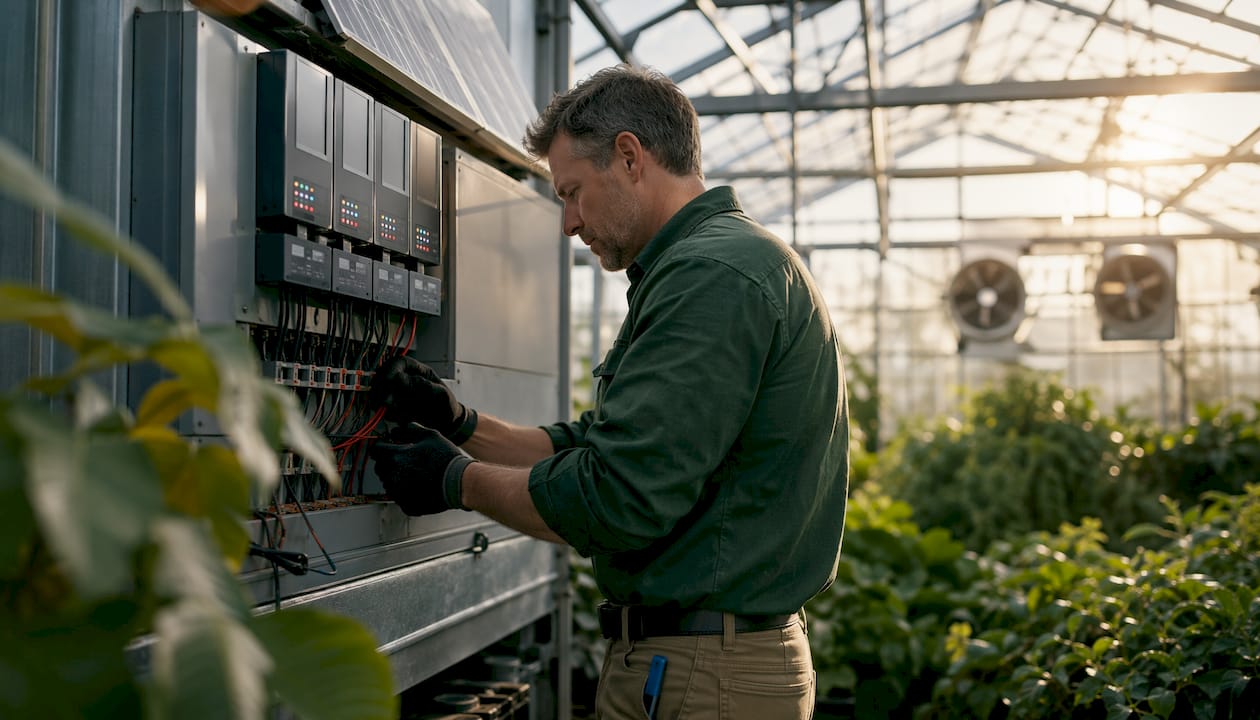 Technician wiring multi-stage greenhouse thermostat controller
