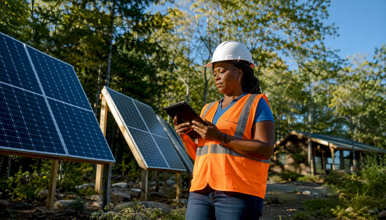Engineer reviewing rural solar microgrid installation