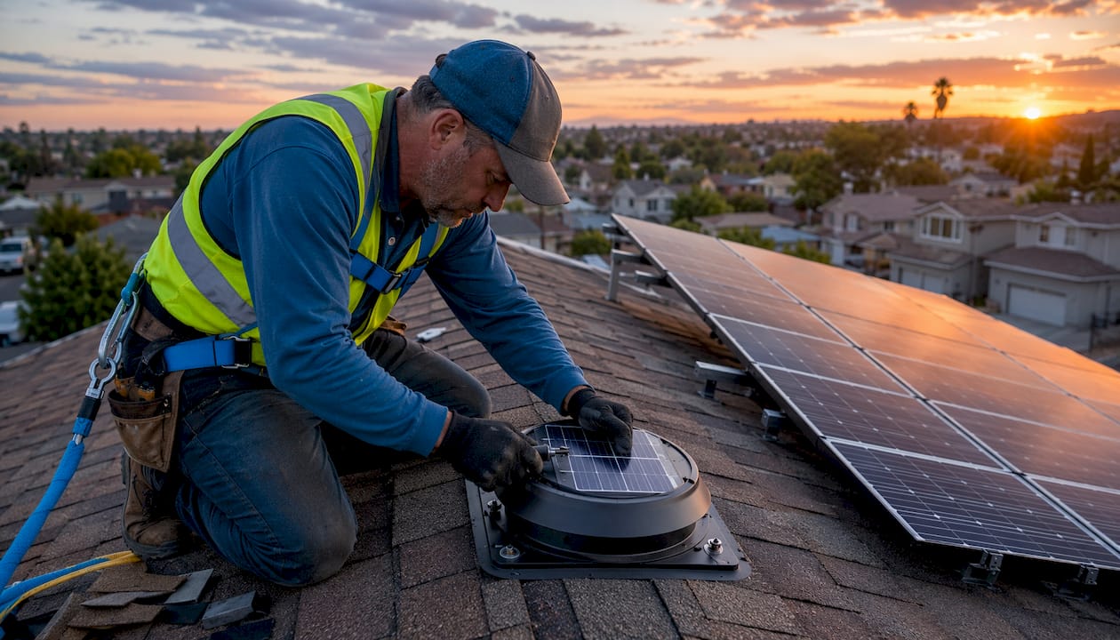 Roofer installing solar attic fan on roof