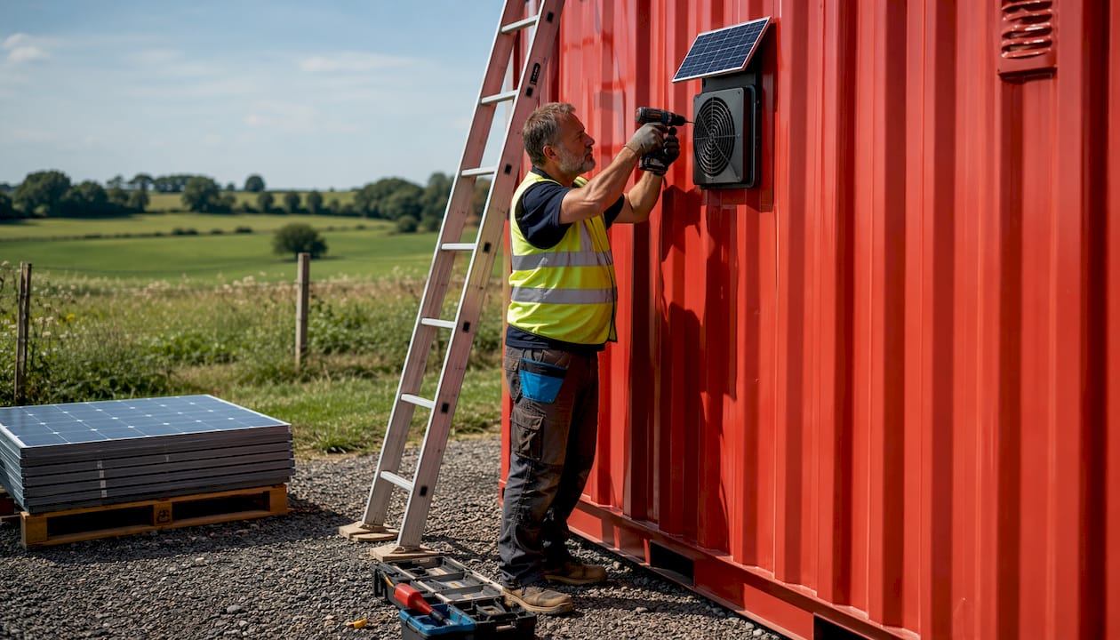 Man installing solar ventilator on shipping container