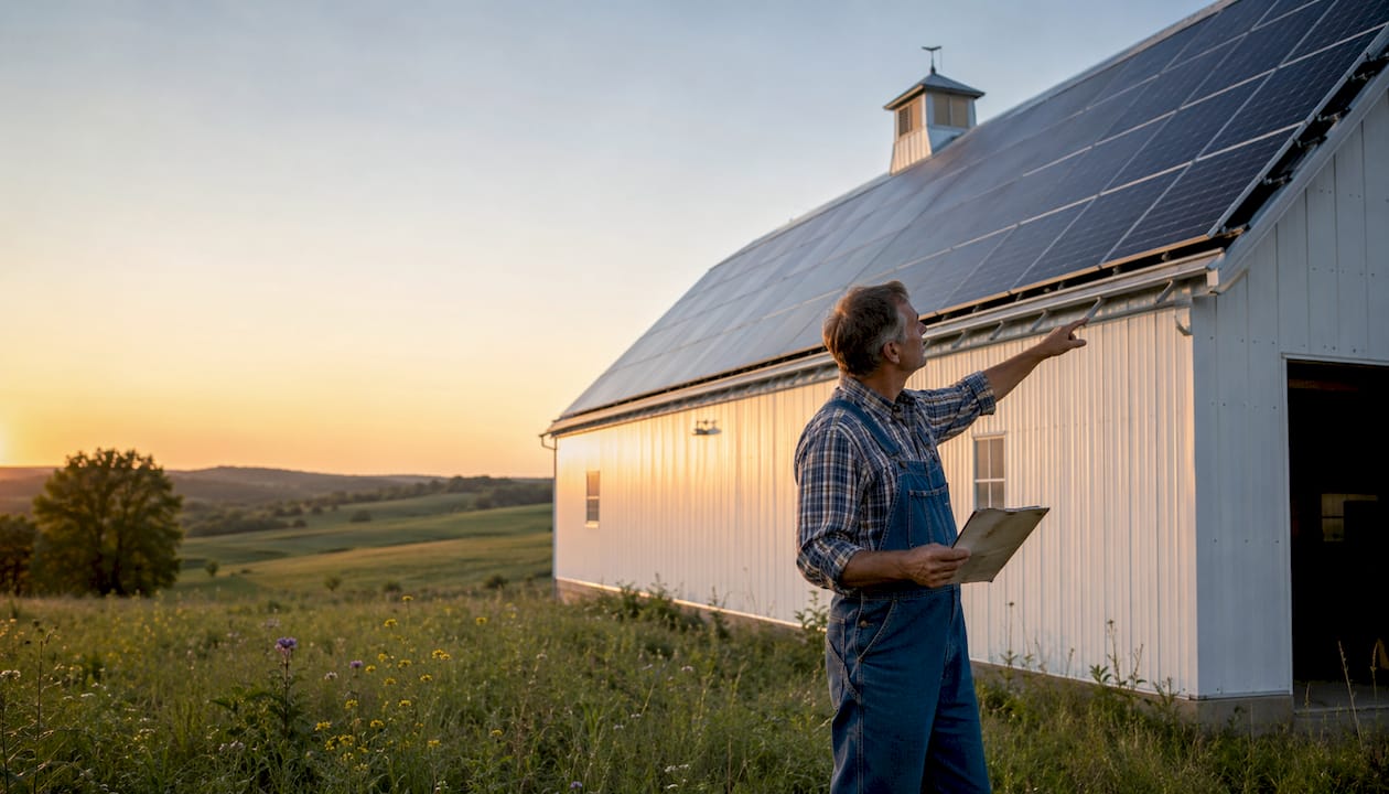 Farmer inspecting solar panels on barn roof