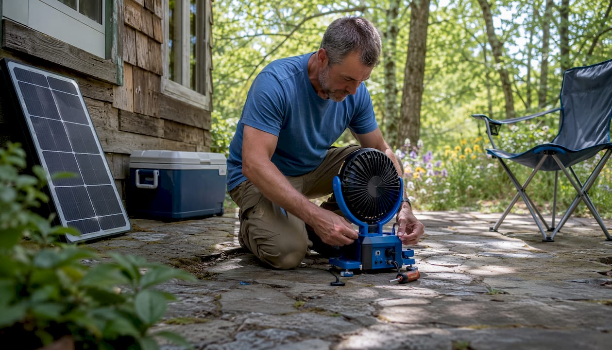 Man setting up solar fan outdoors