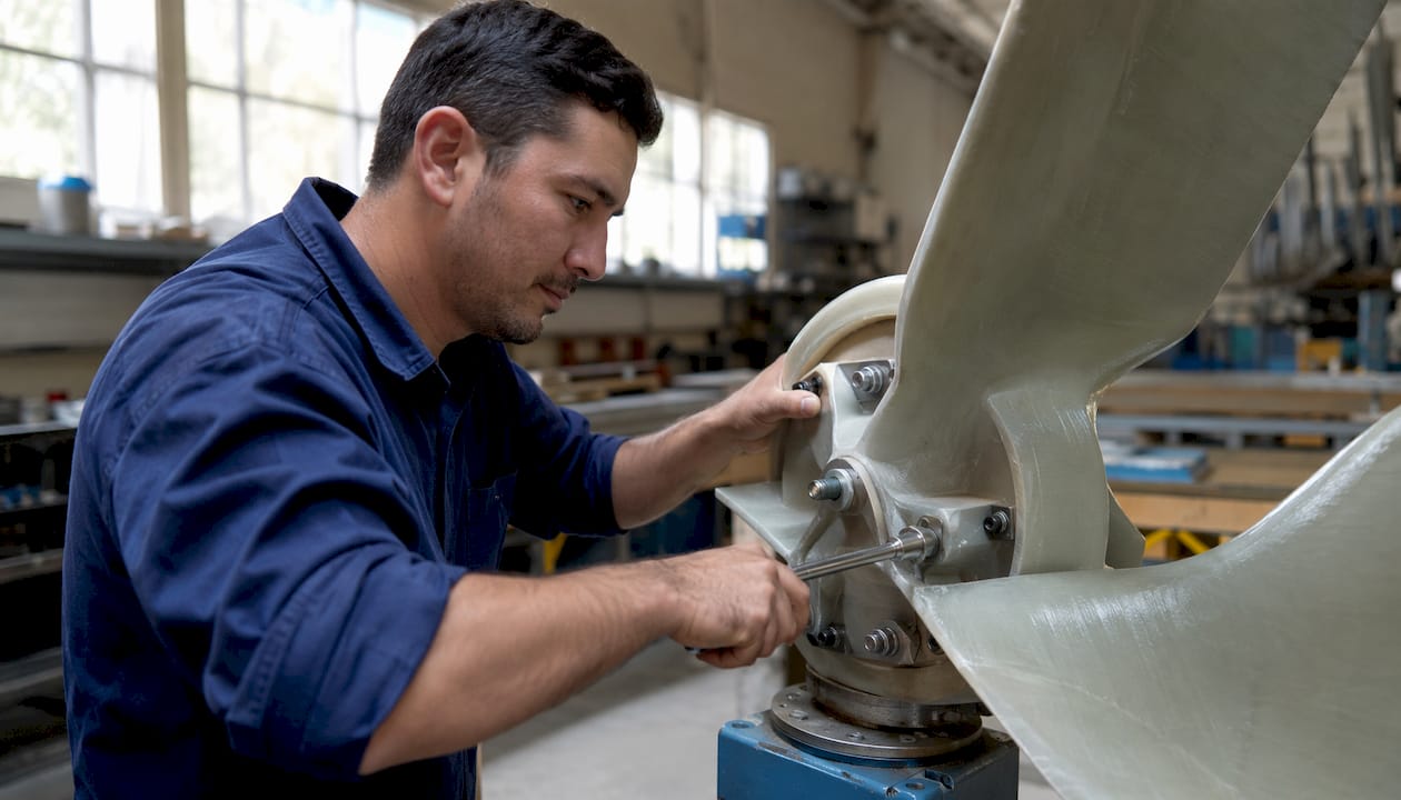 Hands installing FRP fan blade inside barn