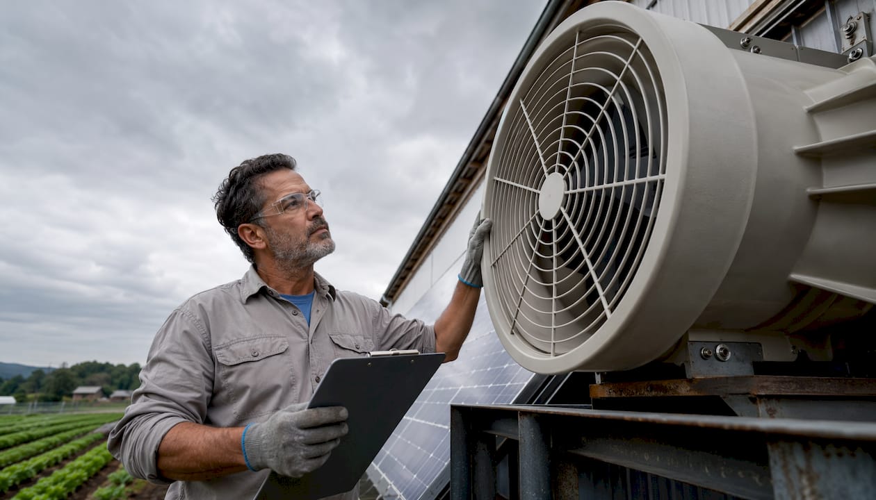 Technician inspecting solar-powered corrosion resistant fan