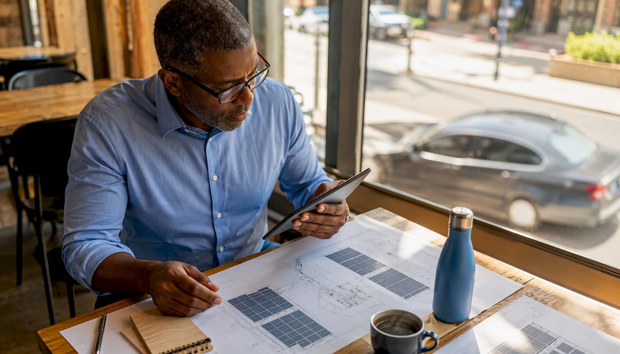 Solar engineer working at desk with solar design blueprints