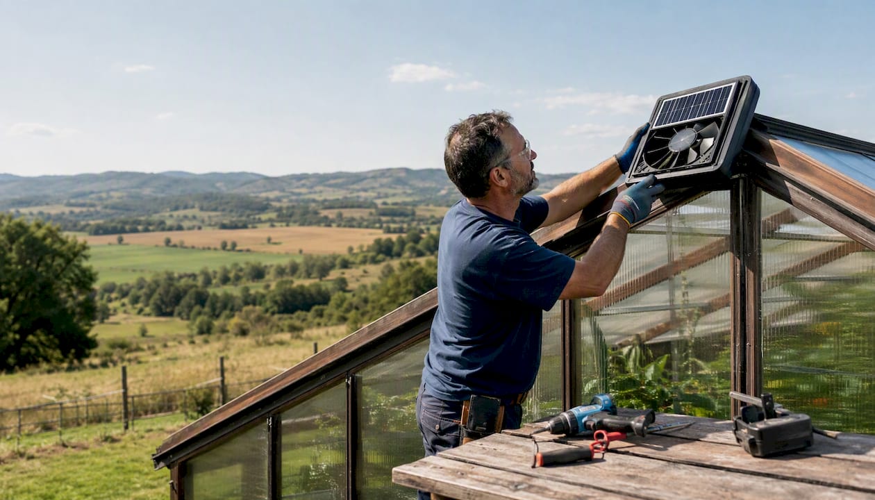 Technician installing solar ventilation fan outdoors