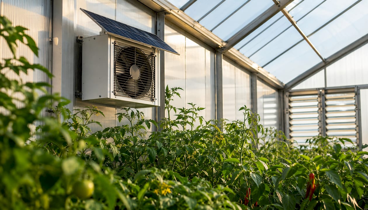 Greenhouse interior with mounted solar exhaust fan