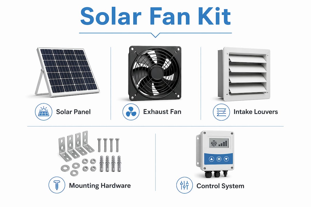 Infographic of solar greenhouse fan kit components