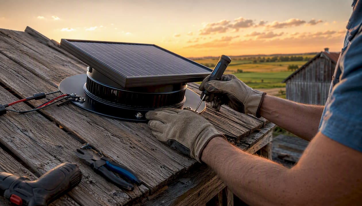 Hands installing solar attic fan on barn roof outdoors