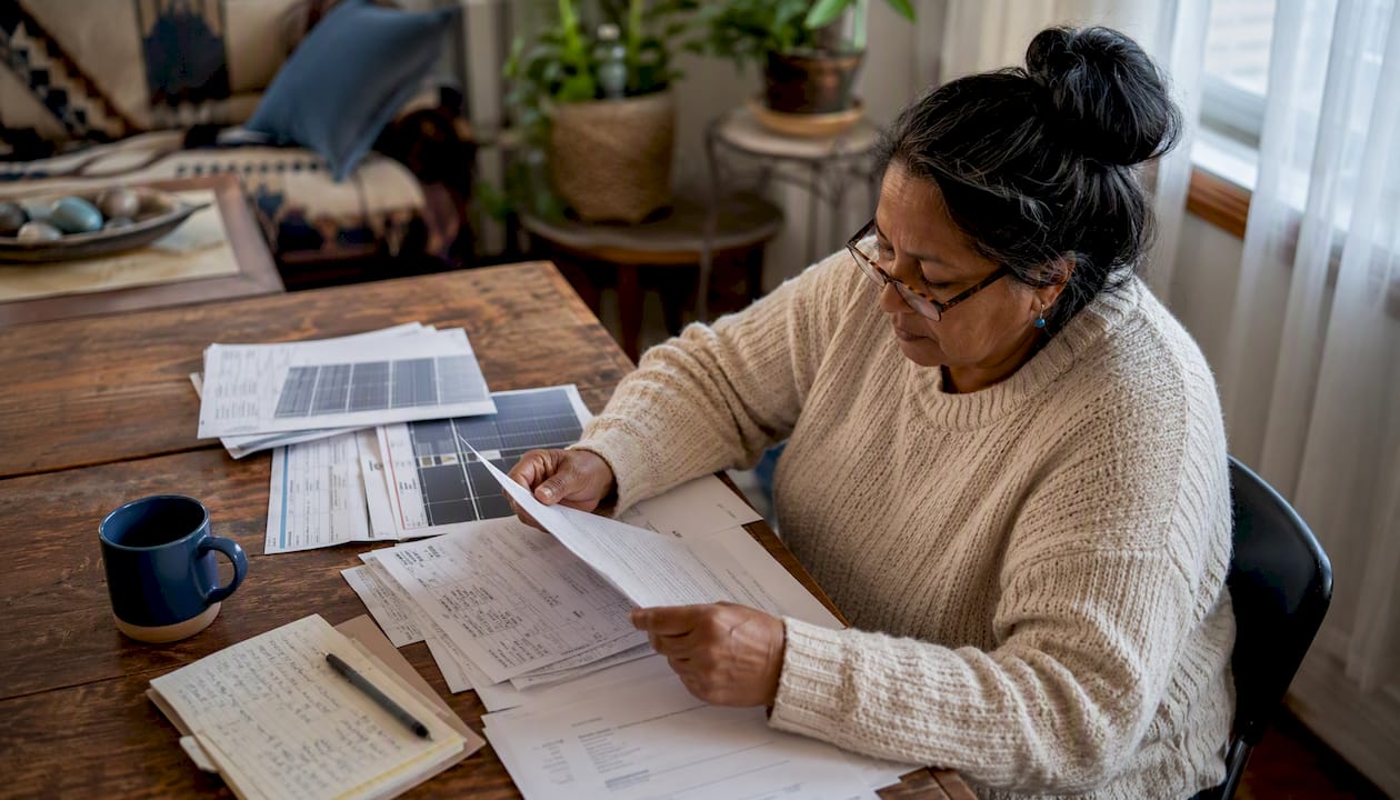 Woman reviewing solar tax credit documents at kitchen table