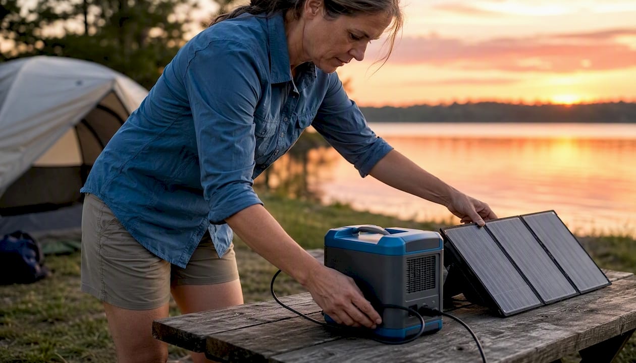 Woman setting up solar generator at forest campsite
