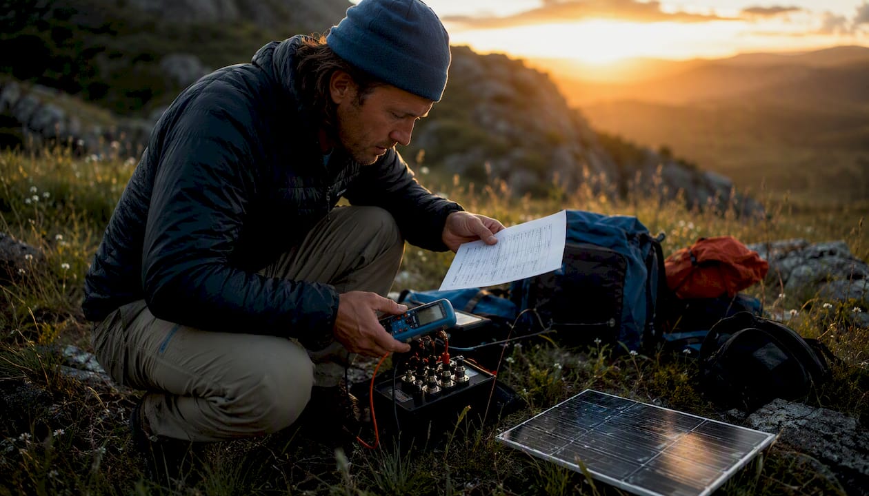 Man sizing solar panels on rocky hillside