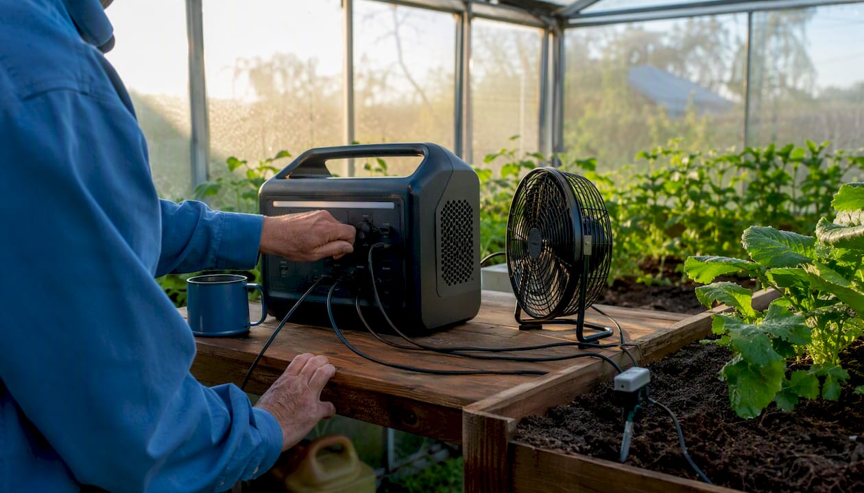 Portable solar generator powering greenhouse fan