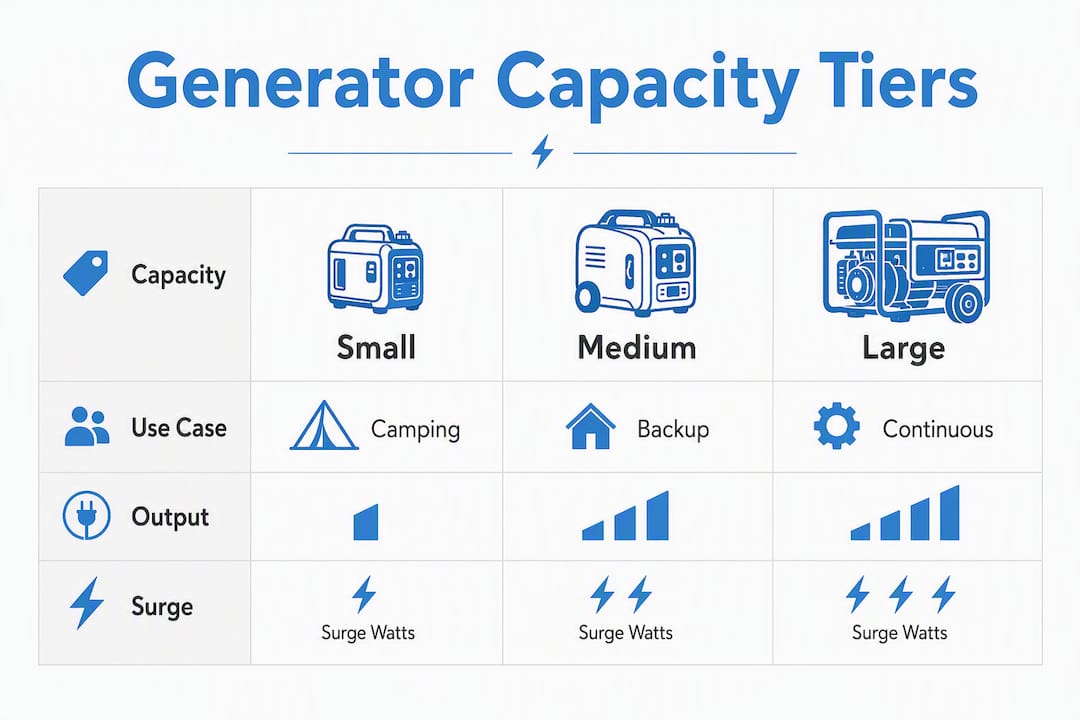 Infographic showing portable solar generator capacity tiers