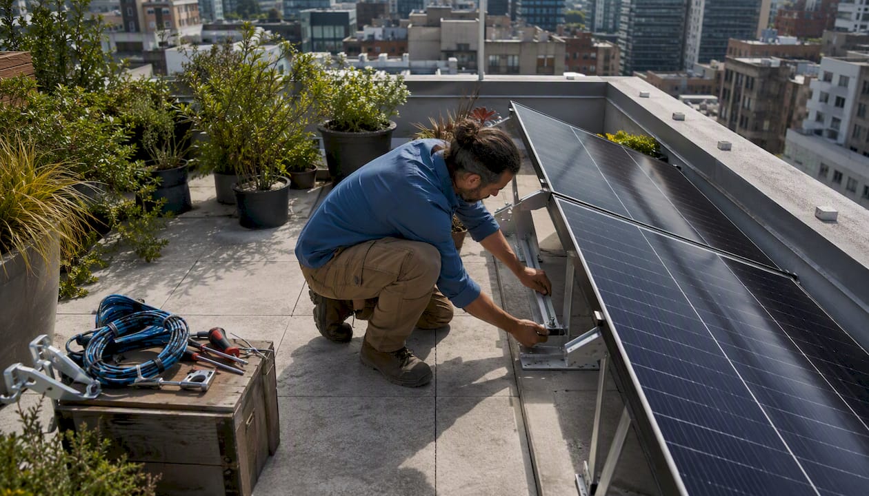 Solar installer adjusting panel tilt on rooftop