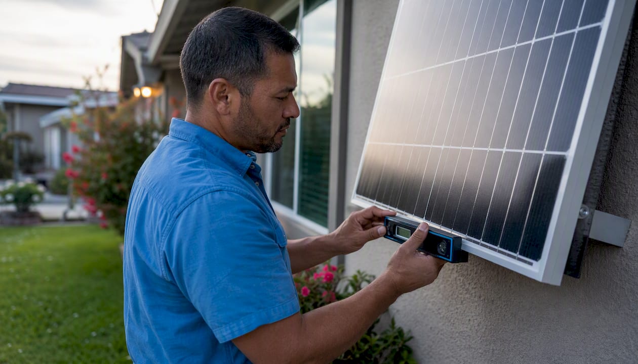 Homeowner measuring solar panel tilt angle