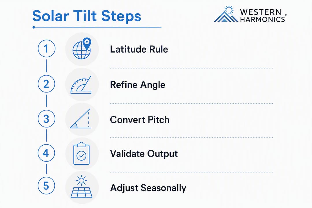Infographic showing five key steps for solar panel tilt angle calculation