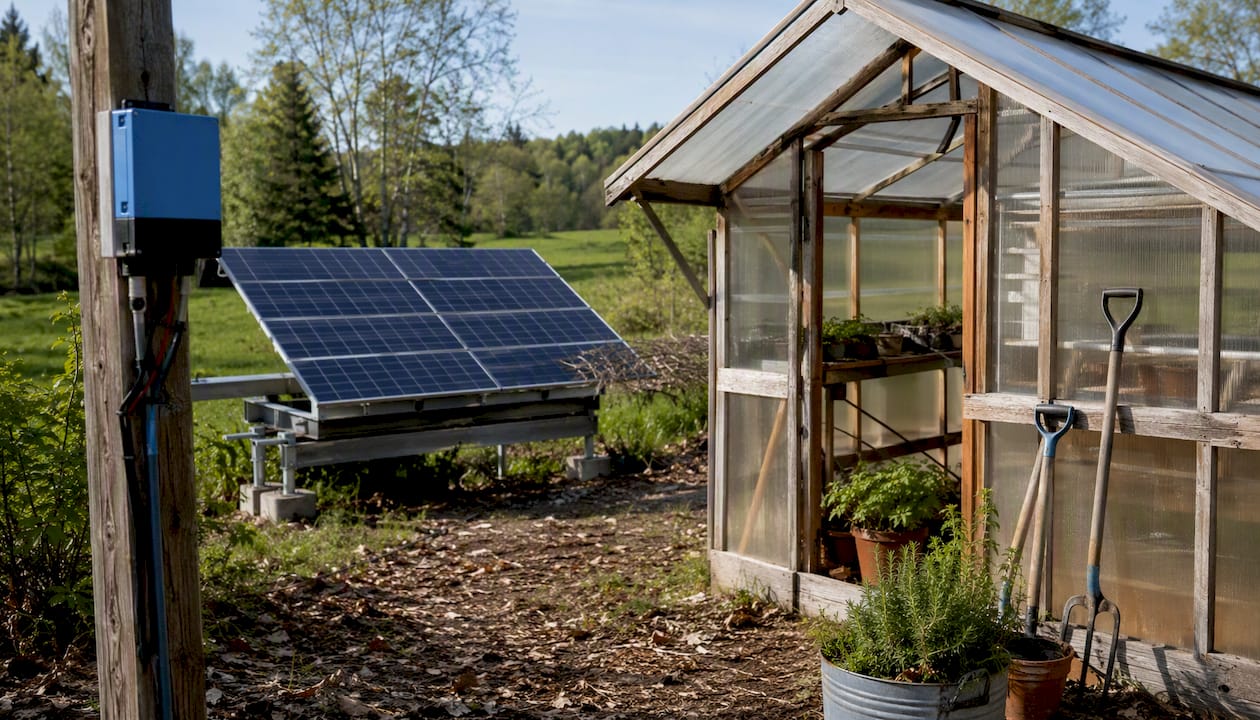 Solar panels beside hobby greenhouse in sunlight