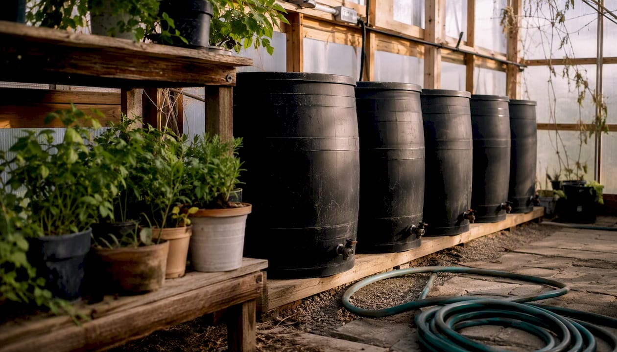 Black water barrels for passive heat in greenhouse