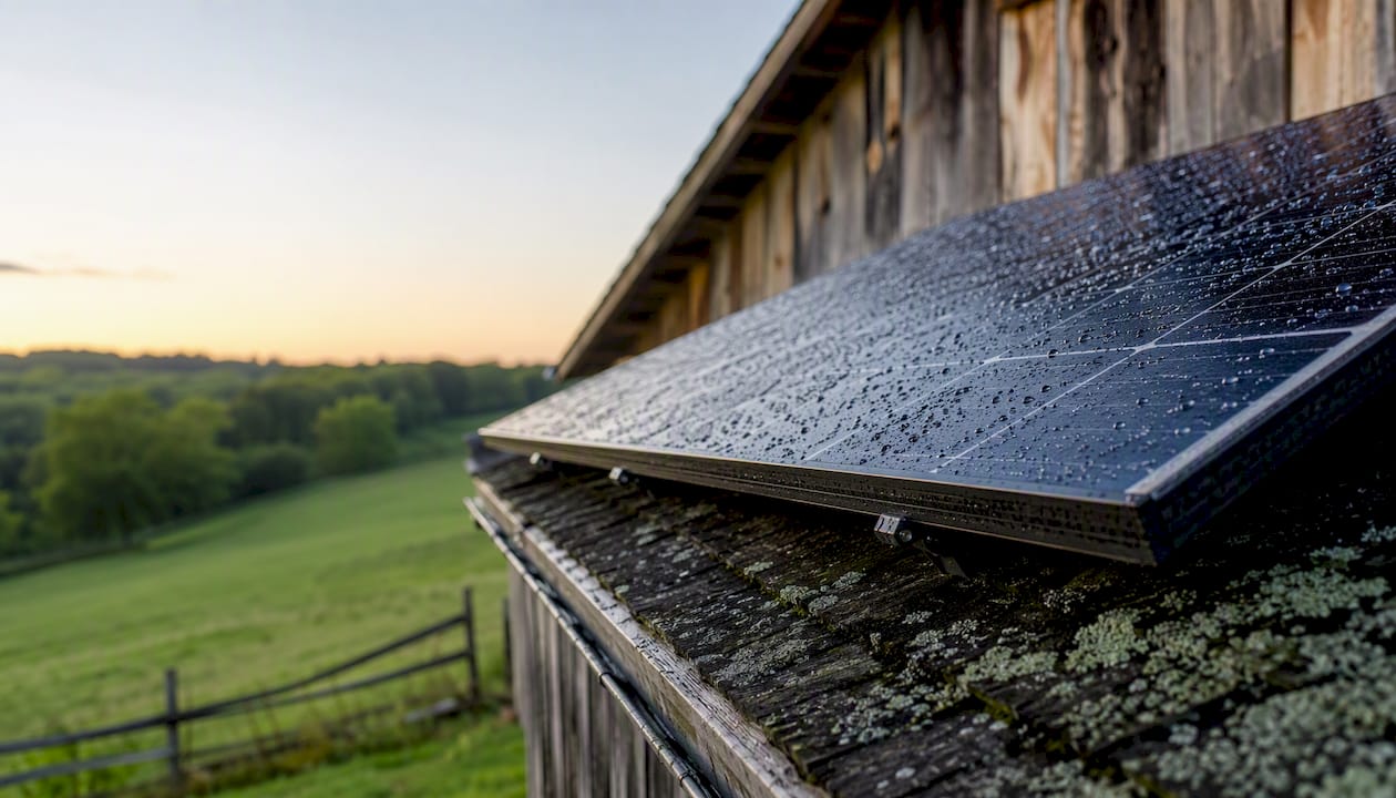 Rural barn rooftop with hail resistant solar panel