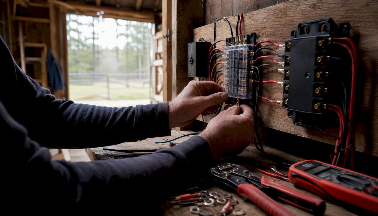 Hands wiring 12V DC fuse block in barn