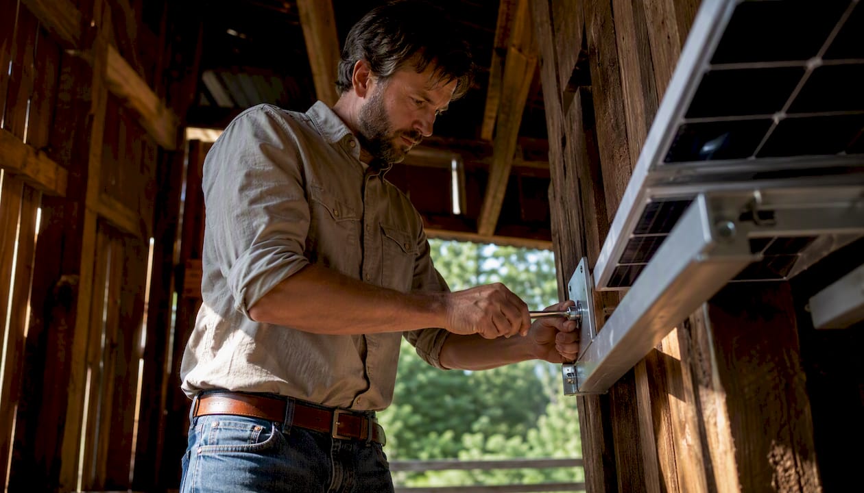 Person installing solar panel bracket on barn roof