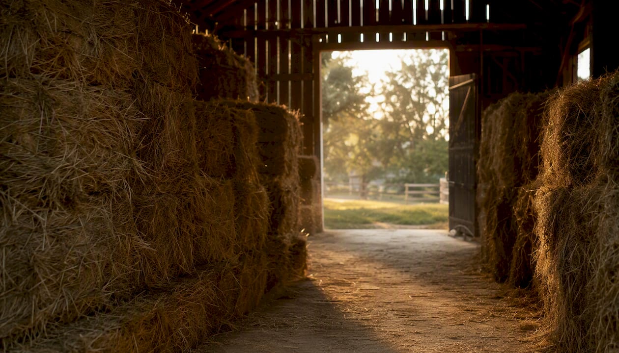 Barn interior showing hay aisle and airflow inspection ambiance