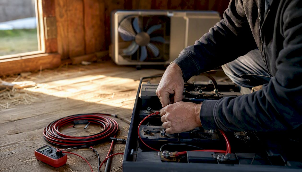 Hands installing battery cables in barn fan kit