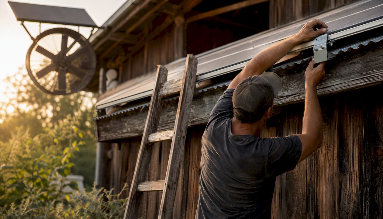 Hands installing solar panel bracket on barn roof