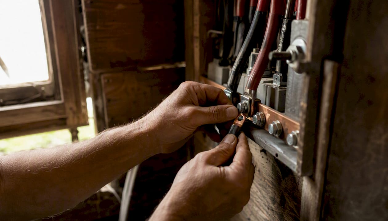 Hands wiring 12V copper cable in barn electrical panel