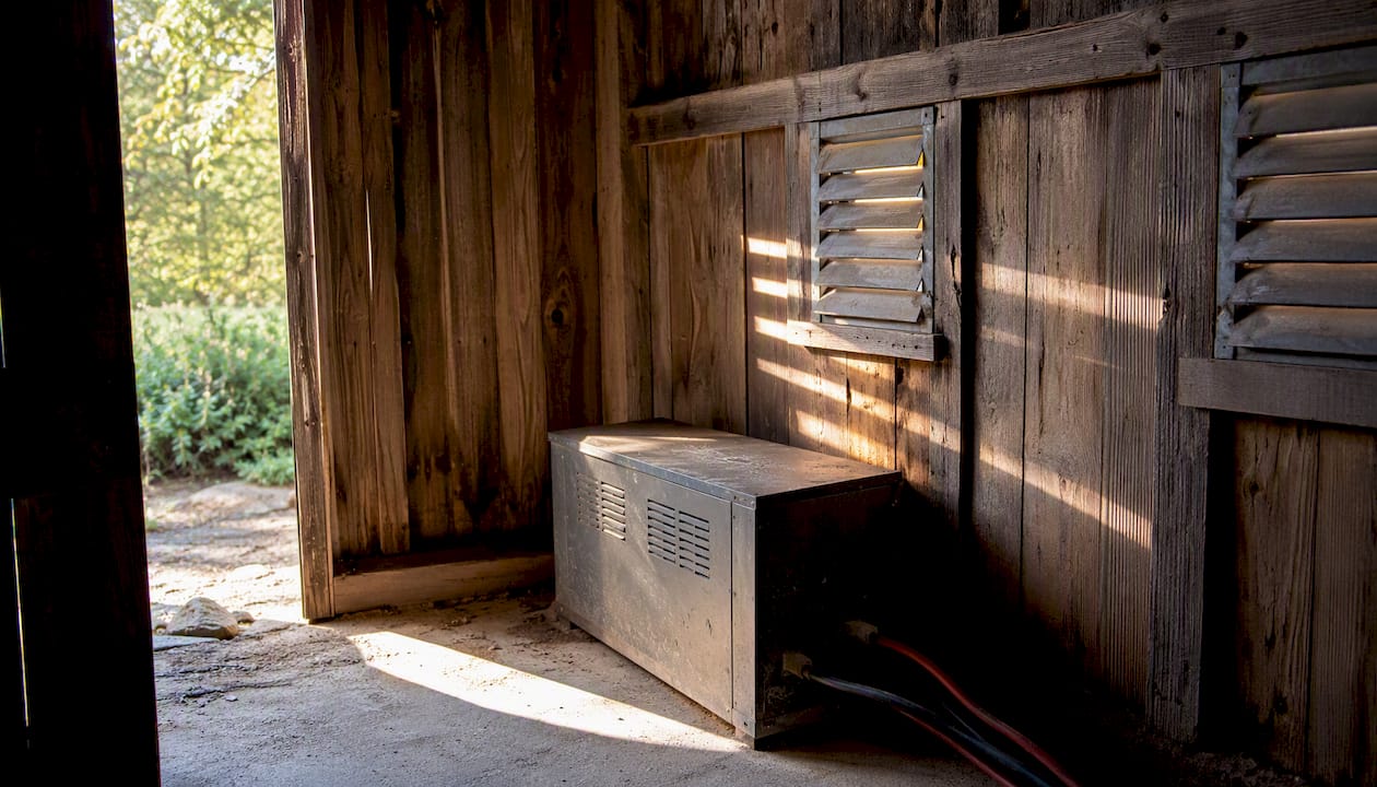 Ventilated battery box in barn corner