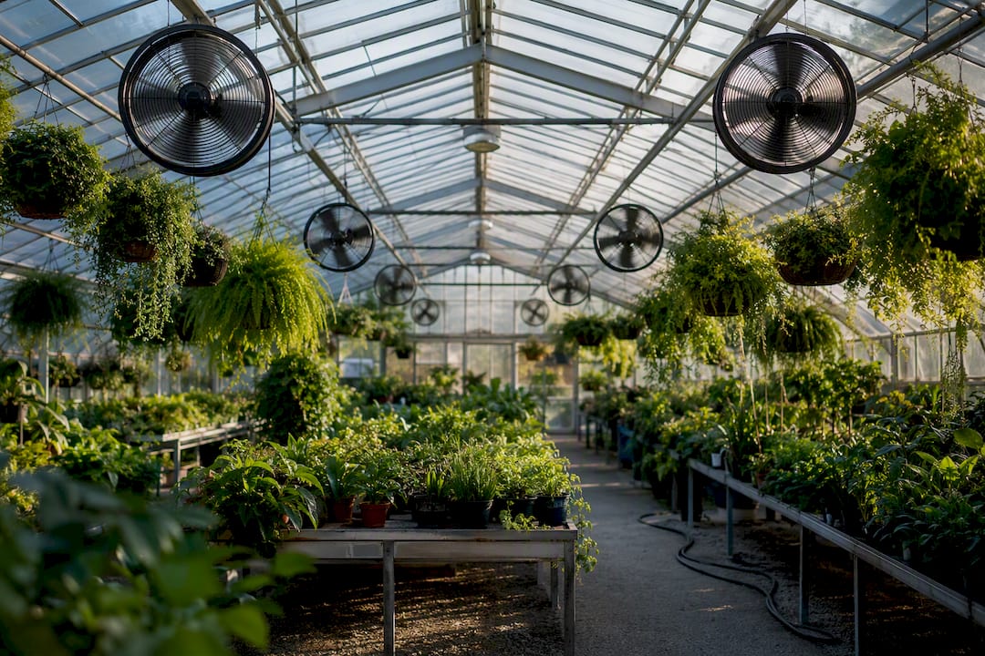 Greenhouse interior showing circulation fans spacing