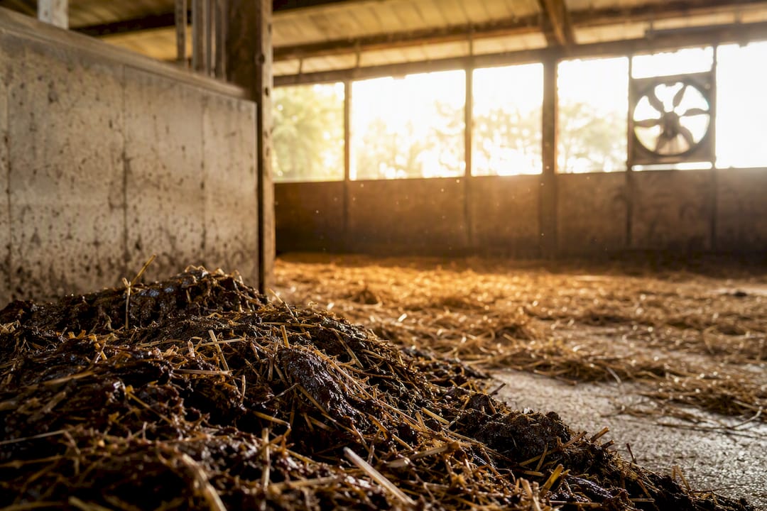 Horse barn stall with damp bedding and ventilation fan blurred