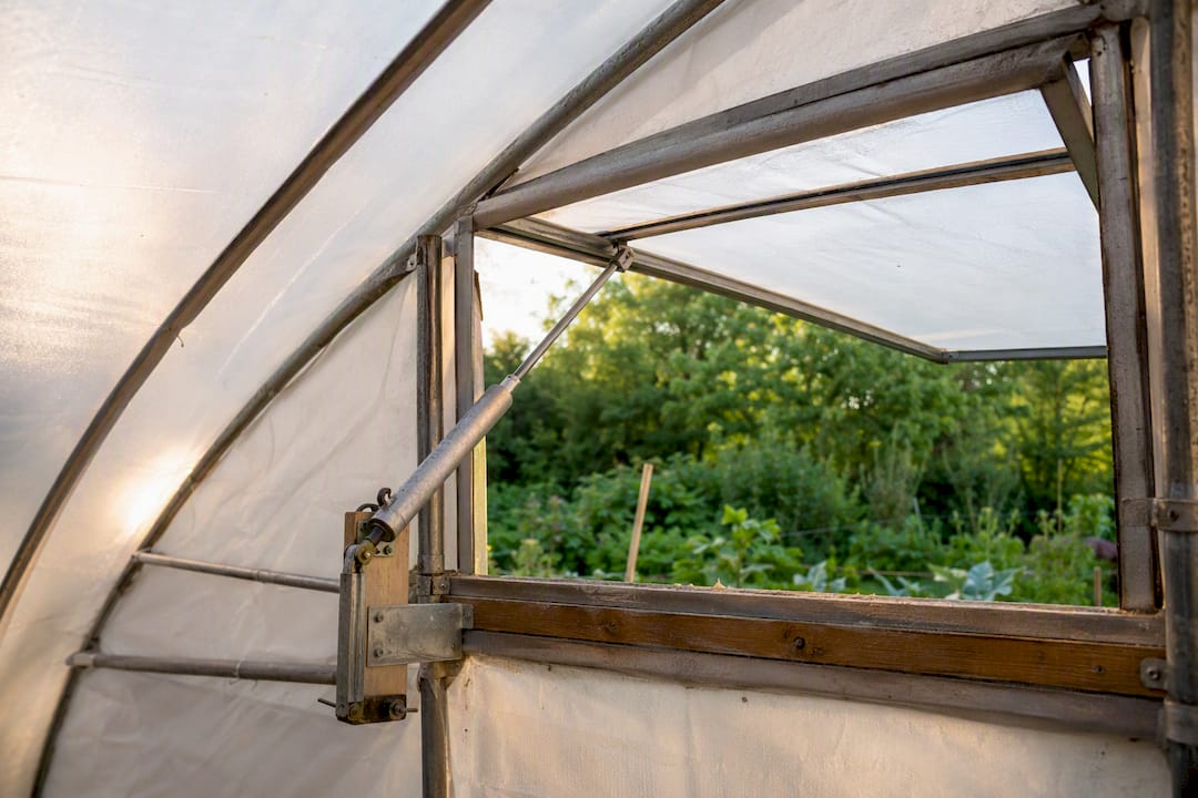 Thermostatic actuator opening hoop house vent