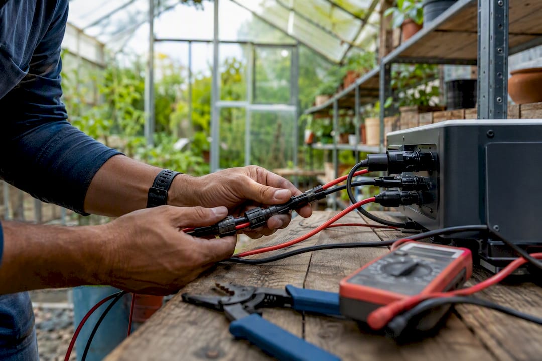 Hands wiring solar cables in barn interior