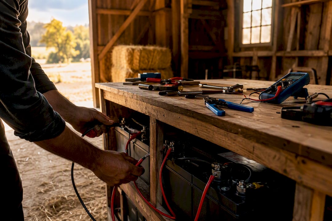 Hands wiring off-grid DC battery bank in barn