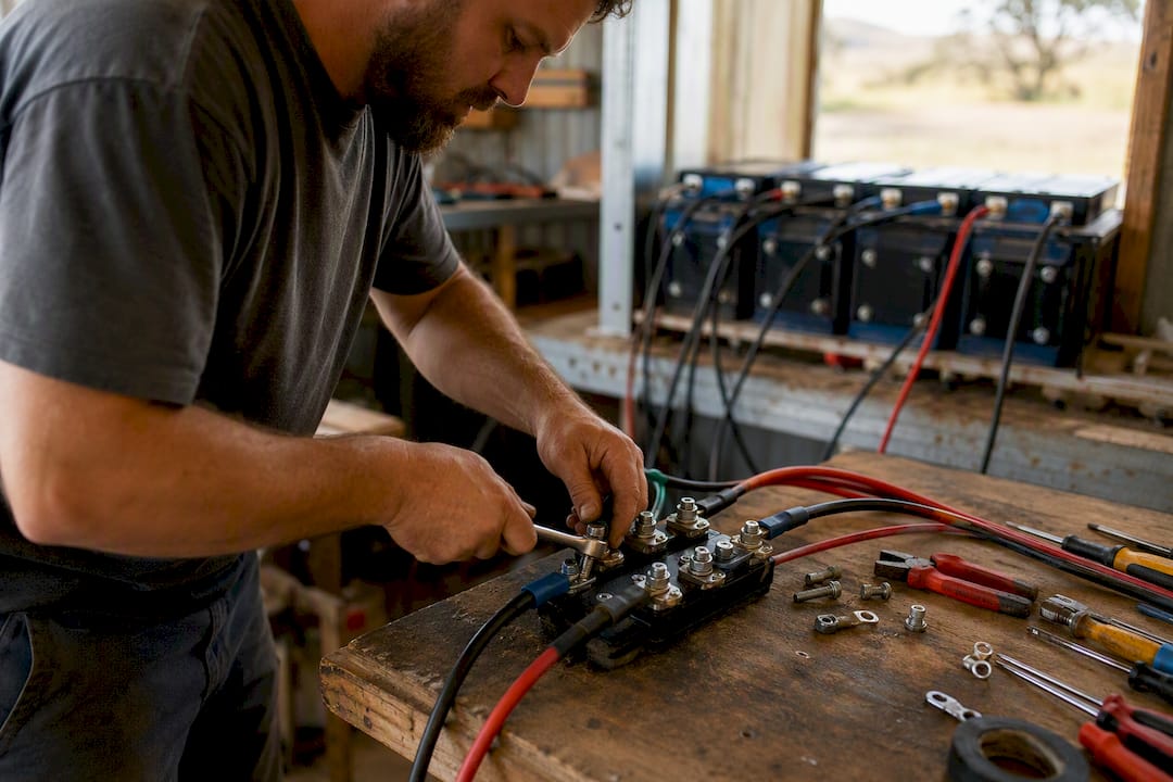 Hands torquing battery connections on 48V system