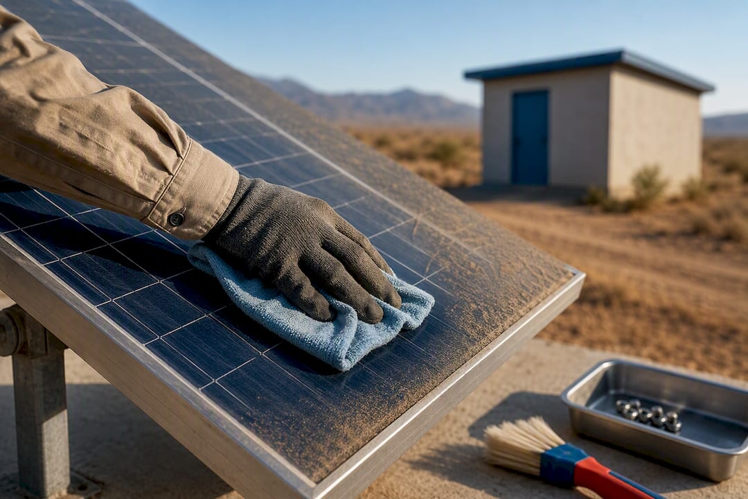 Dust being wiped from solar panel