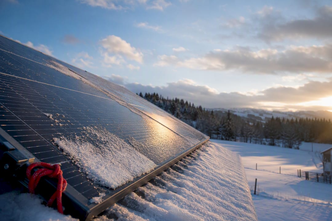 Snowy solar panels on rural outbuilding