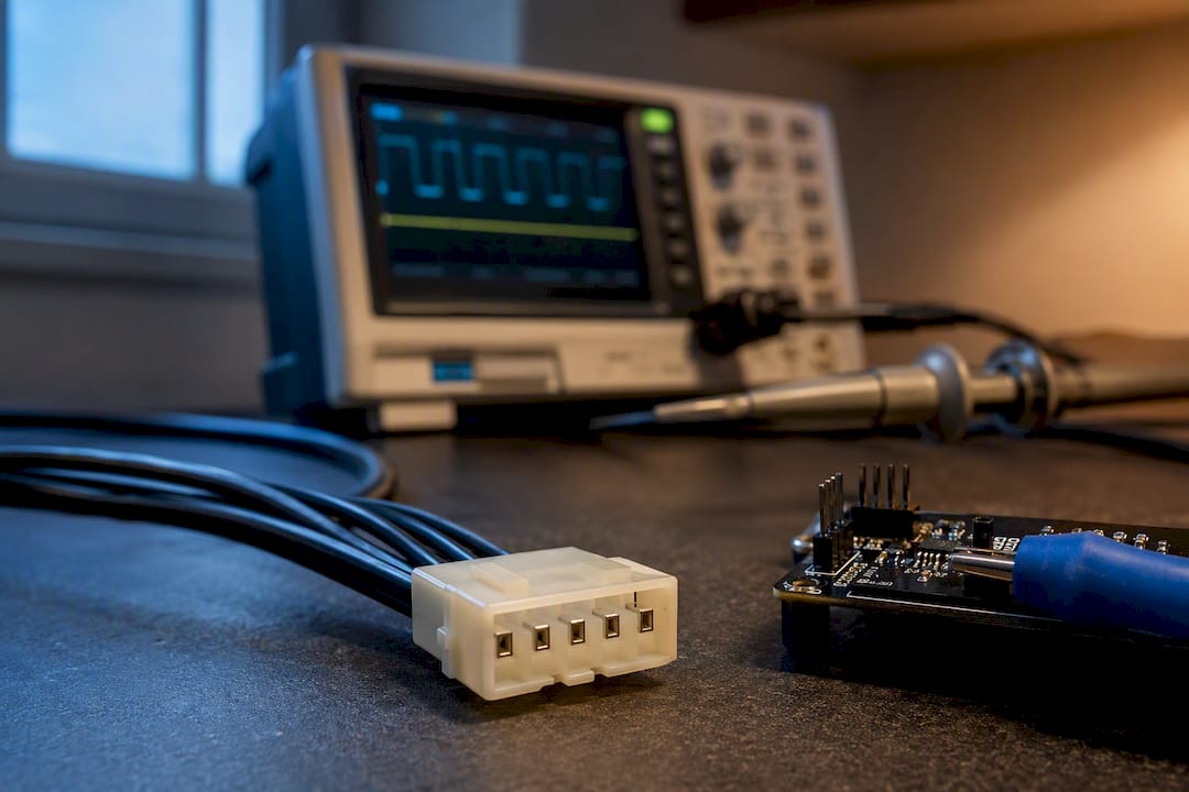Close-up four-pin fan PWM test connection